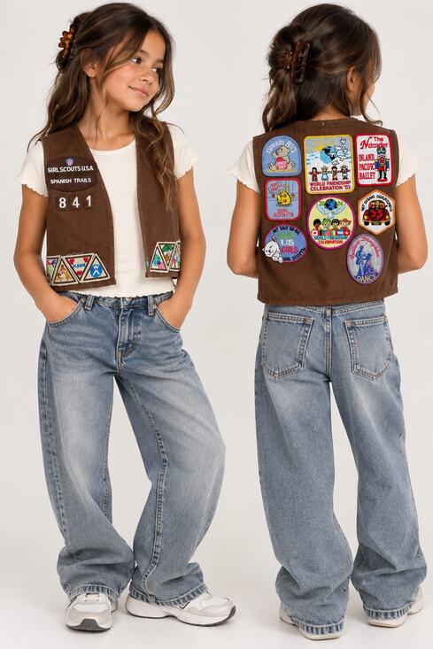 girl scout Other - Vintage Y2K Girl Scouts USA Brown Vest Troop 841 Spanish Trails Badges Patches